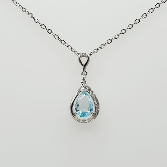 Elegant Water Drop Zircon Light Blue Hollow Pear Silver Plated Necklace,EVGG1011 - Picture 9 of 9